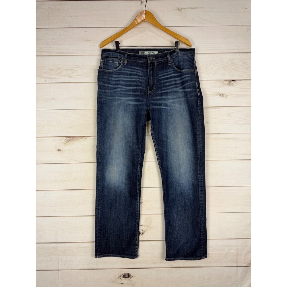 BKE Tyler Straight Leg Jeans Mens 34S Dark Wash Stretch Denim Blue Whiskered